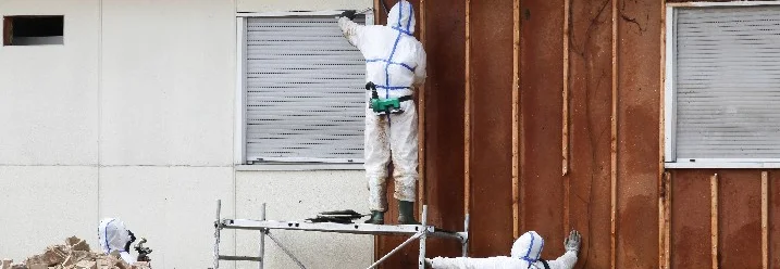Drei Personen in Schutzanzügen entfernen Asbest von einem Haus